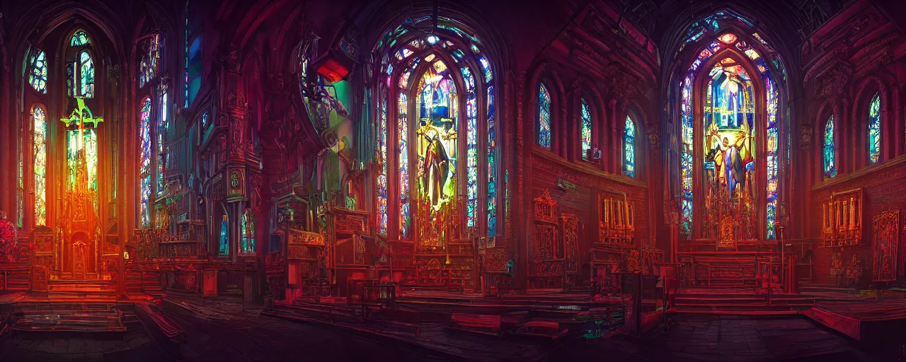 Prompt: A cyberpunk church altar, by Naomi Okubo, landscape, dramatic lighting, high contrast colors, panoramic view, as trending on Artstation,