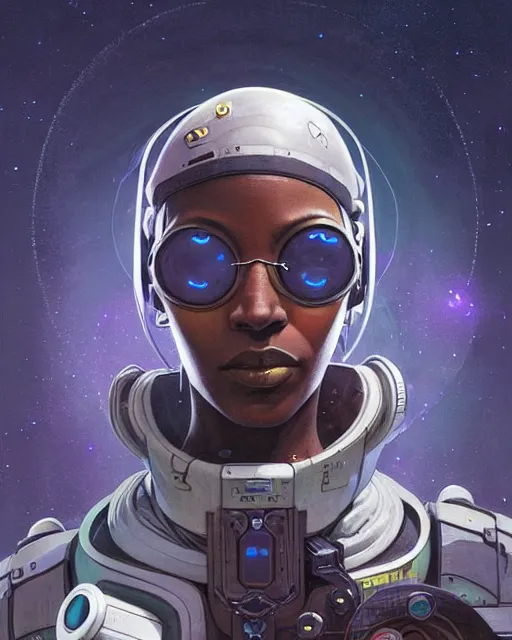 Image similar to sojourn from overwatch, african canadian, gray hair, character portrait, portrait, close up, concept art, intricate details, highly detailed, vintage sci - fi poster, retro future, vintage sci - fi art, in the style of chris foss, rodger dean, moebius, michael whelan, and gustave dore