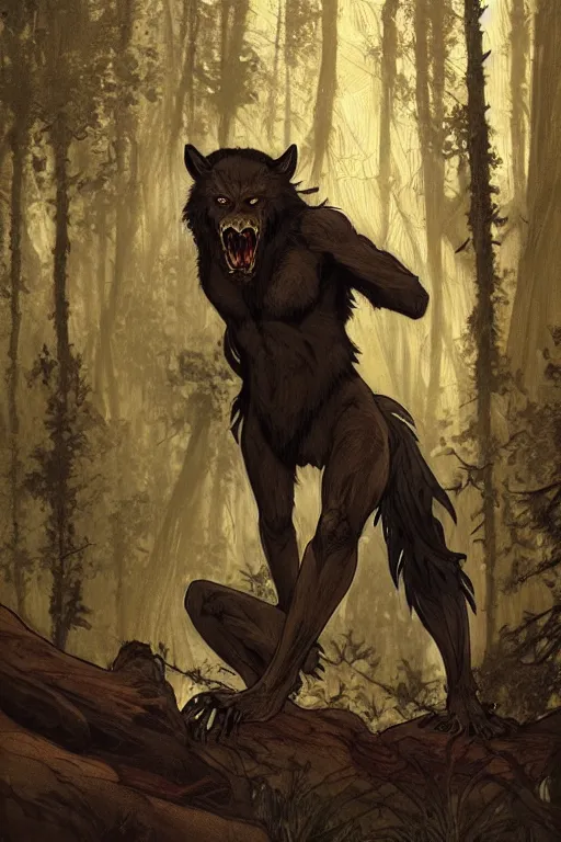 Image similar to fullbody portrait of a male werewolf, bared teeth, long claws, by greg rutkowski and alphonse mucha, gradient brown to silver, in front of a forest at night background, highly detailed portrait, digital painting, artstation, concept art, smooth, sharp focus illustration