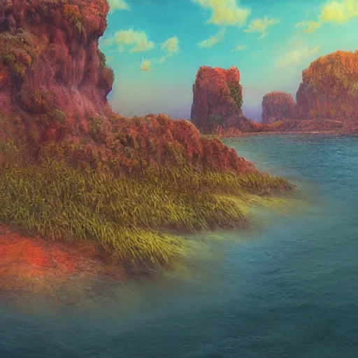 Image similar to artistic digital artwork of a lush natural scene on an alien planet. beautiful landscape by vincent bons, michael whelan and remedios varo. weird vegetation. cliffs and water. grainy and rough. interesting pastel colour palette. beautiful light. oil and water colour based on high quality render.