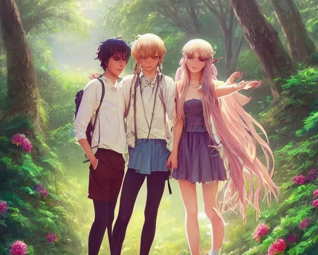 Prompt: a cinematic boy girl traditional romance moment of a group of university friends dressed as different animals hiking wearing boho clothing and peonies, full body illustration,bestselling movie art poster, official media, 1970s fashion, official anime media, incredible art by artgerm and greg rutkowski and doja cat