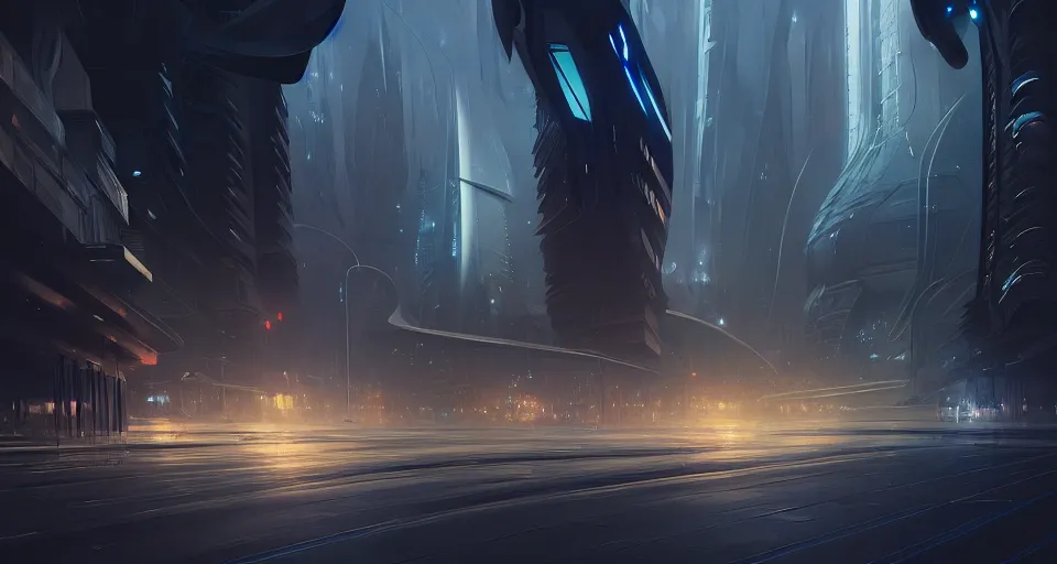 Image similar to cinematic shot, futuristic city, street view, utopian, zaha hadid, night, digital painting, artstation, concept art, smooth, sharp focus, illustration, intricate, elegant, highly detailed, in the style of greg rutkowski and alphonse mucha and artemisia, 8 k, highly detailed, jurgens, rutkowski