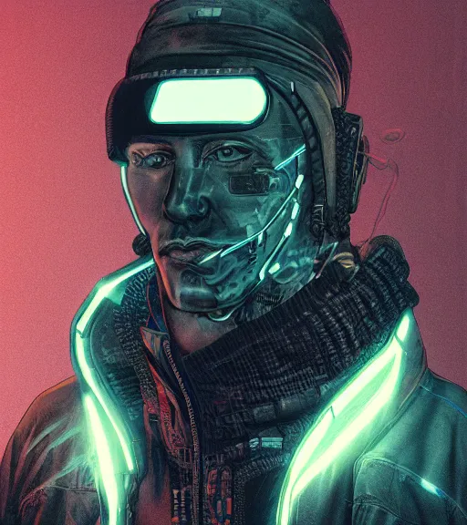 Image similar to a cyberpunk man with multiple digital patchwork faces, techwear, Industrial Scifi, detailed illustration, character portrait, by Martin Grip and Moebius