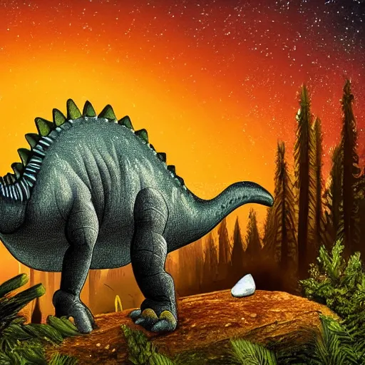 Prompt: dinosaur stalking through the forest, meteorite in the sky behind it