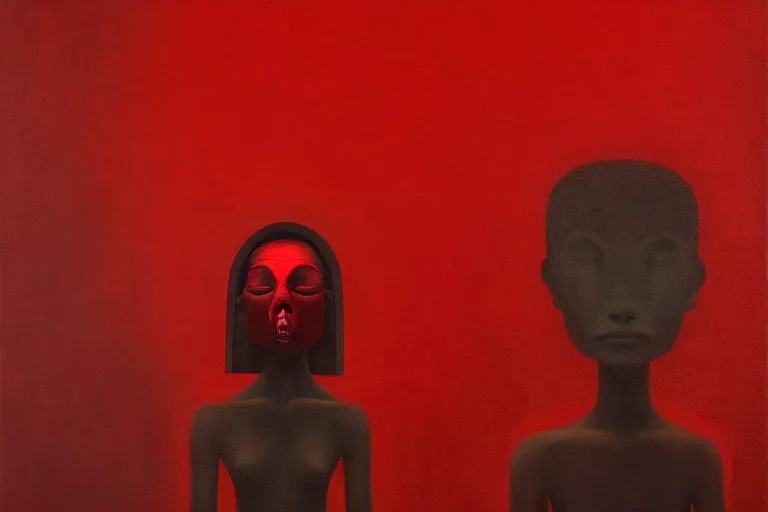 Image similar to only with red, red art thieves with disney masks, in a museum with contemporary art paintings, in the style of beksinski, parts by edward hopper, parts by rodcenko, parts by yue minjun, intricate and epic composition, red by caravaggio, insanely quality, highly detailed, masterpiece, red light, artstation, 4 k