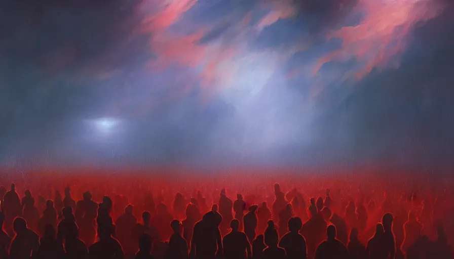 Image similar to painting of a crowd with extended arms towards glowing sky, volumetric lighting, nasty, hyperdetailed, realistic