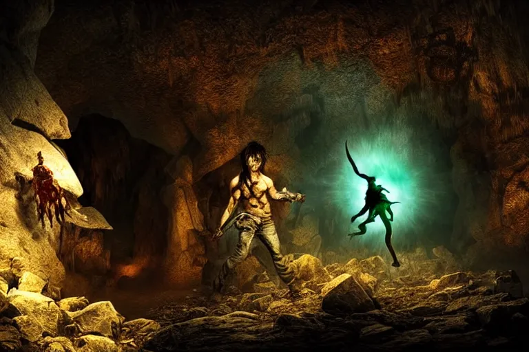 Image similar to vfx film, soul reaver executing zombies, devouring magic souls, in epic ancient sacred cave temple, flat color profile low - key lighting award winning photography arri alexa cinematography, hyper real photorealistic cinematic beautiful, atmospheric cool colorgrade