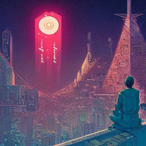 Image similar to Stunningly intricate illustration of a cyberpunk explorer meditating next to a floating triangular glowing monolith, highly detailed, midnight, by Victo Ngai and James Gilleard , Moebius, Laurie Greasley