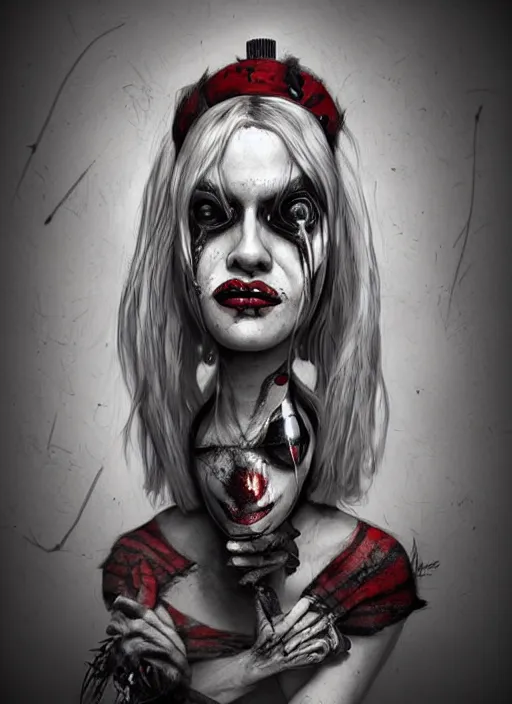 Image similar to surrealism grunge cartoon portrait sketch of harley quinn, by michael karcz, loony toons style, freddy krueger style, horror theme, detailed, elegant, intricate