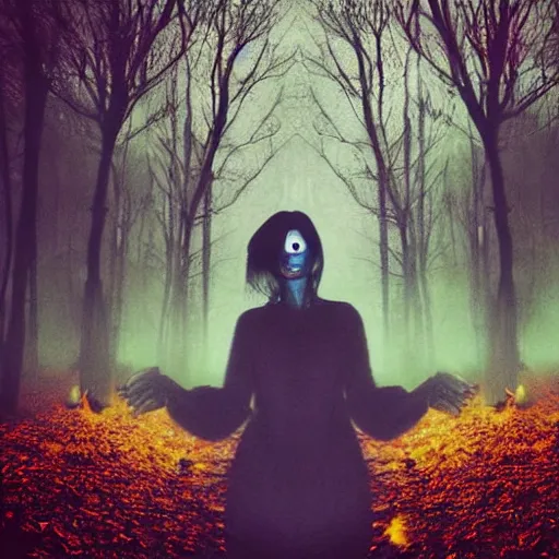 Image similar to A surrealistic and psychedelic selfie of a woman, with a spooky filter applied, in a dark and eerie forest, with glowing eyes peeking out from the shadows, in a Halloween style.