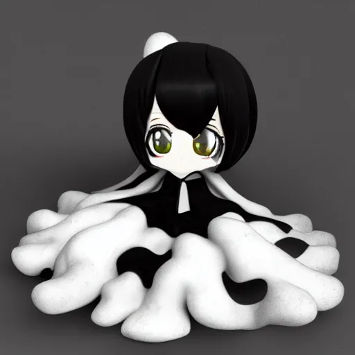 Prompt: cute fumo plush of a cursed floating blob of dark ichor vaguely in the shape of a cute girl, amorphous, inky blackness, fluid simulation melting, black and white, horror, vray