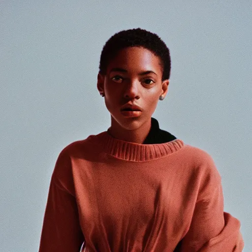 Image similar to realistic photoshoot for a aime leon dore lookbook, color film photography, portrait of a beautiful woman in style of tyler Mitchell, 35mm, graflex