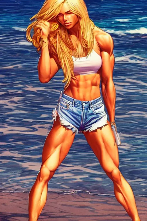 Image similar to a gorgeous muscular woman with very long hip-length blonde hair, wearing a cut-off white top and orange cut-off shorts standing by the water, in the style of artgerm and moebius and annie liebovitz, marvel comics, photorealistic, highly detailed, trending on artstation