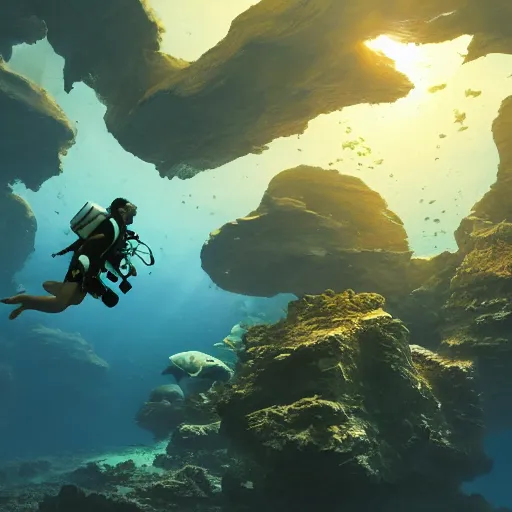 Image similar to scuba diver underwater, beautiful dynamic lighting, cinematic, wide angle establishing shot, extremely high detail, photo realistic, cinematic lighting, post processed, concept art, artstation, matte painting, style by frederic church, raphael lacoste, unreal engine 8k