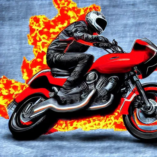 Prompt: Keanu reeves Riding a motorcycle Through Fire digital art 4K detail