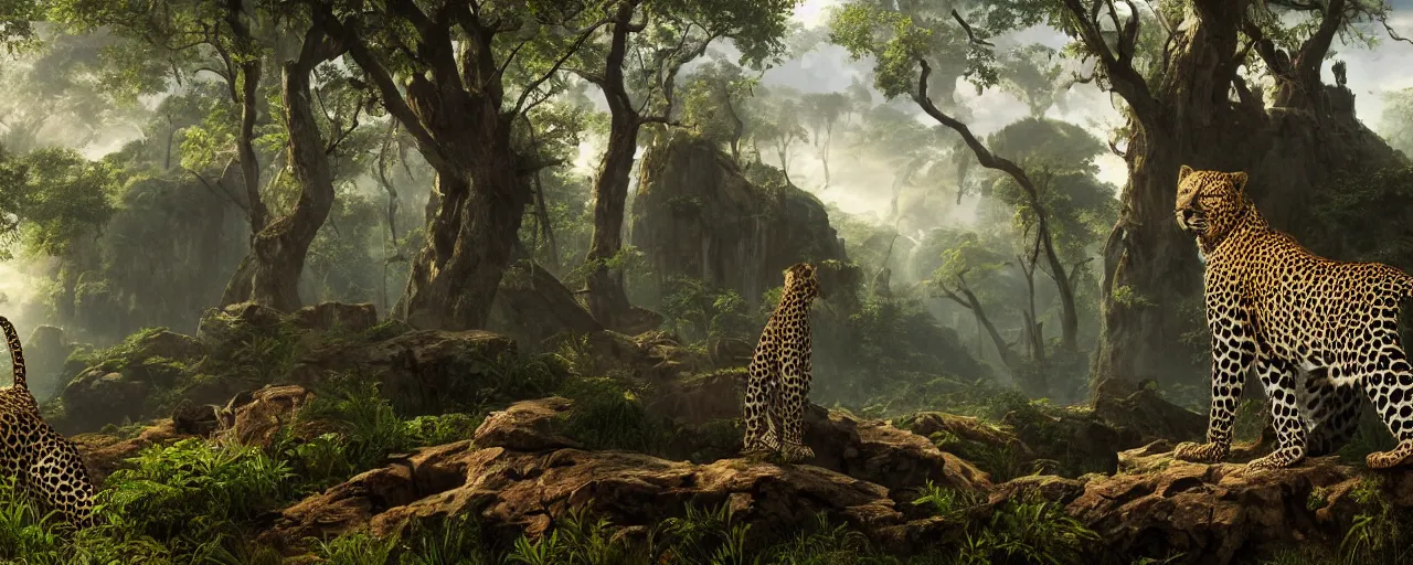 Prompt: leopard standing in the jungle, beautiful dynamic lighting, cinematic, wide angle establishing shot, extremely high detail, photo realistic, cinematic lighting, post processed, concept art, artstation, matte painting, style by frederic church, raphael lacoste, unreal engine 8 k