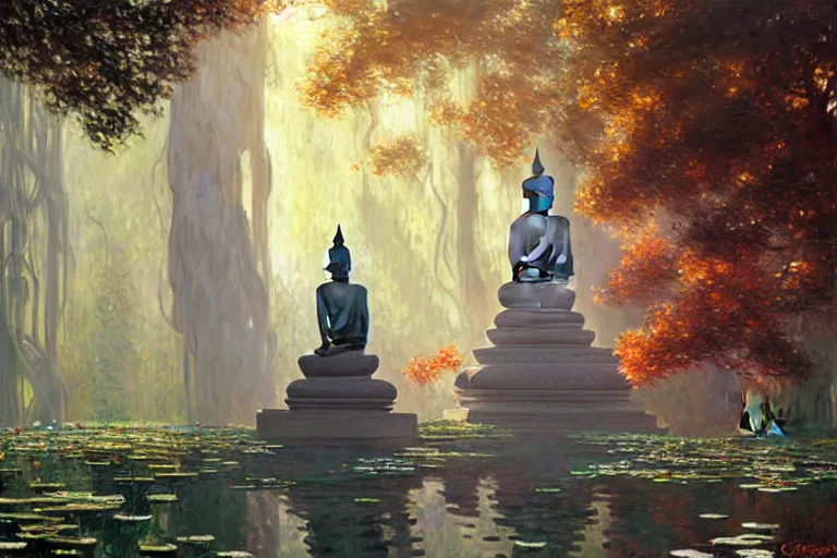 Image similar to temple, buddhism, impressionnisme, painting by greg rutkowski, artgerm, claude monet