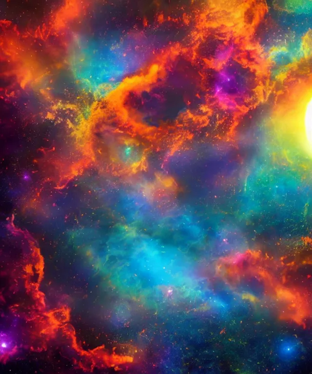 Image similar to black hole, sun, space, photorealistic, bright colors, phoenix flames, nebula clouds, soft tones