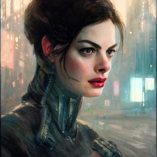 Image similar to ann hathaway, hyperrealistic portrait, bladerunner street, art of elysium by jeremy mann and alphonse mucha, fantasy art, photo realistic, dynamic lighting, artstation, poster, volumetric lighting, very detailed face, 4 k, award winning, cinematic lighting