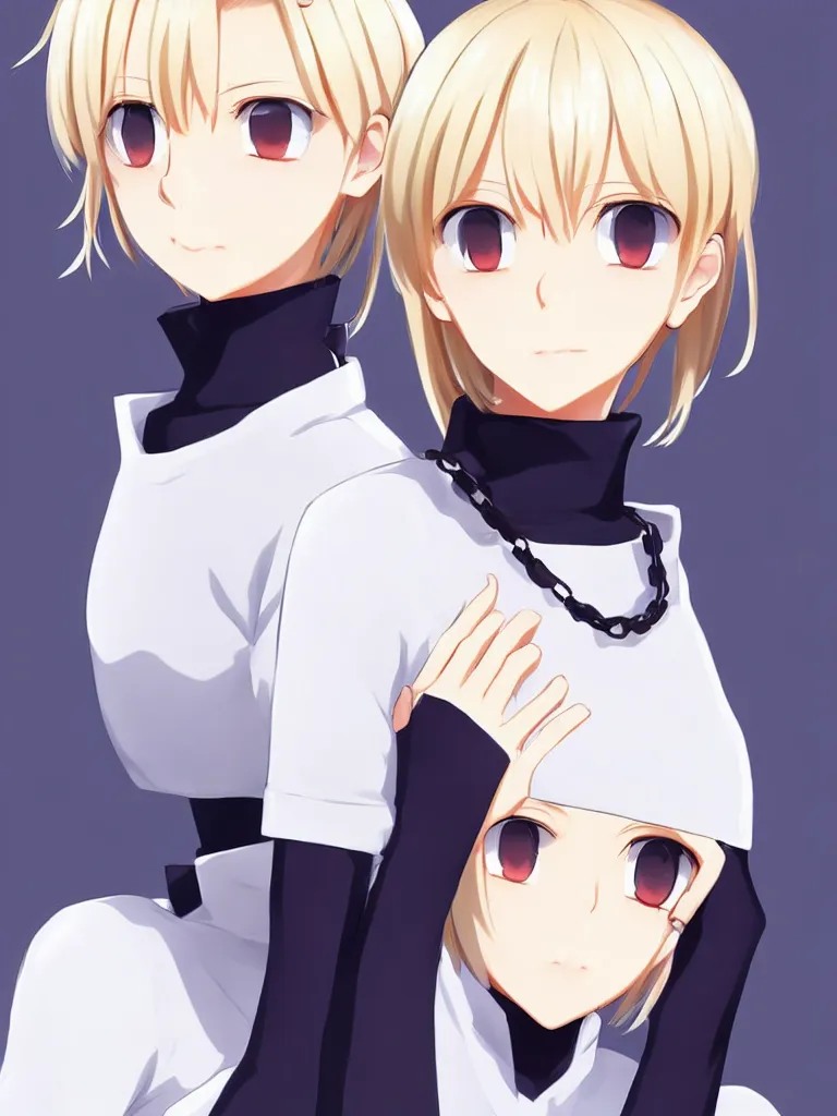 Image similar to beautiful girl with red eyes, short blonde hair, ahoge hair, wearing a white turtleneck sweater, wearing a detailed chain-link necklace, arcueid, in the style of type-moon studios, extremely clean lines, anime and manga style