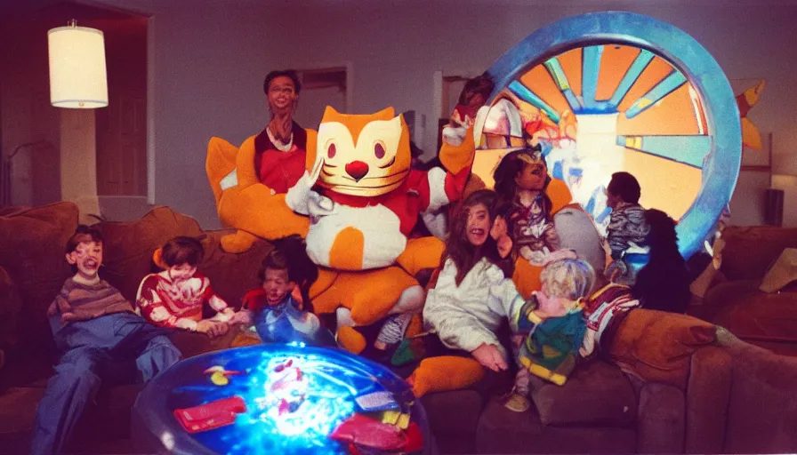 Prompt: 1990s candid 35mm photo of a beautiful day in the living room, cinematic lighting, cinematic look, golden hour, large costumed mascot people interacting with families, Enormous personified mascot people with outstandingly happy faces coming out of a portal and showing families how to teleport, cats playing video games in the background, UHD