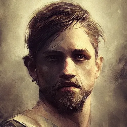 Image similar to “Portrait of Charles Matthew Hunnam by Greg Rutkowski, young, manly, attractive, strong, older brother vibes, highly detailed portrait, scifi, digital painting, artstation, concept art, smooth, sharp foccus ilustration, Artstation HQ”