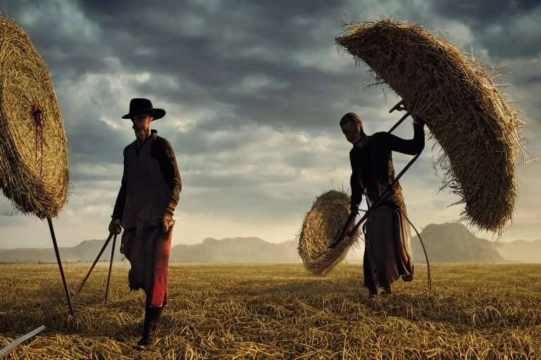 Prompt: concept art, a stage, man with scythe, mowing of the hay, traditional romanian clothing, dramatic lighting, beautiful, volumetric lighting, colorful, octane render