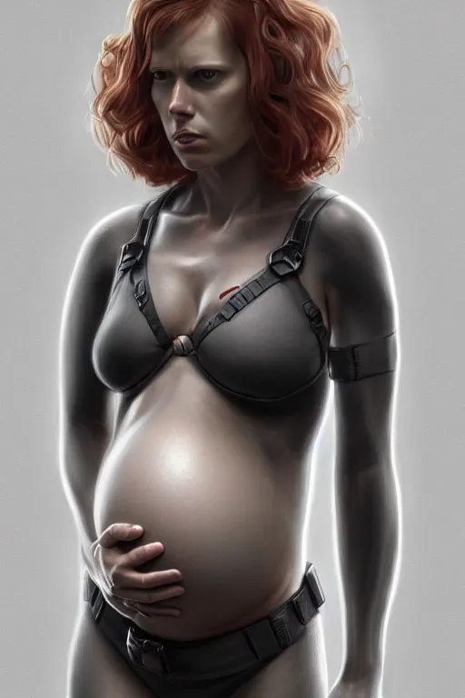 Image similar to pregnant black widow, realistic portrait annie leibovitz photography, symmetrical, highly detailed, digital painting, artstation, concept art, smooth, sharp focus, illustration, cinematic lighting