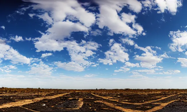 Image similar to panorama of big raindrops flying upwards into the perfect cloudless blue sky from a dried up river in a desolate land, dead trees, blue sky, hot and sunny highly-detailed, elegant, dramatic lighting, artstation, 4k, cinematic landscape, photograph by National Geographic