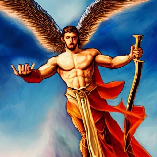 Prompt: biblically accurate angel, epic propaganda poster, holding a flaming sword, strength, health, confidence, in the style of magic the gathering cart art, hypermasculine, ancient soldier, flying in the sky, triumphant pose