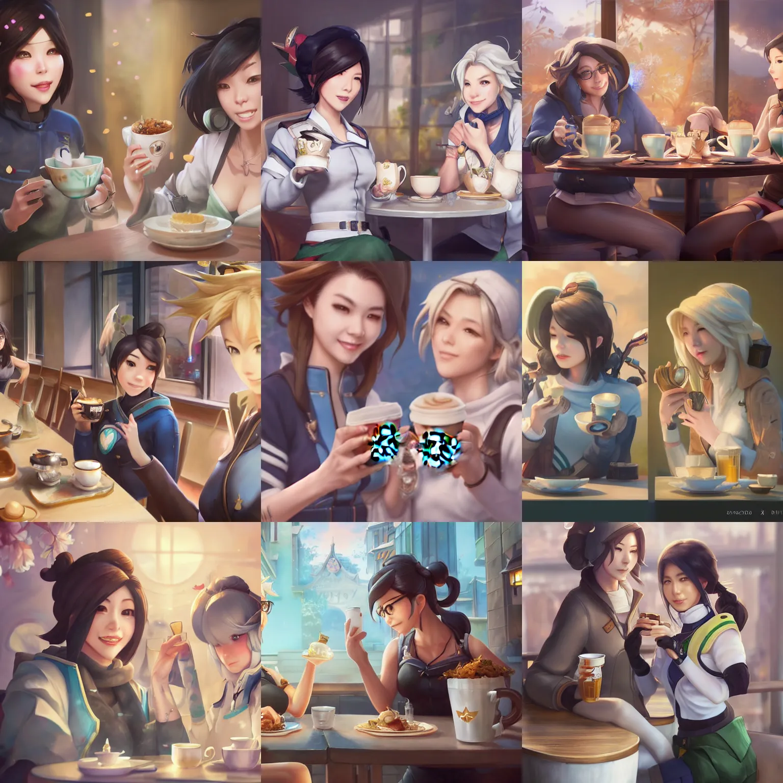 Prompt: mei and mercy from overwatch having tea at starbucks, highly detailed digital art matte painting, made by stanley artgerm lau, wlop, rossdraws, artstation, cgsociety, concept art, cgsociety, octane render, trending on artstation, artstationhd, artstationhq, unreal engine, 4 k, 8 k