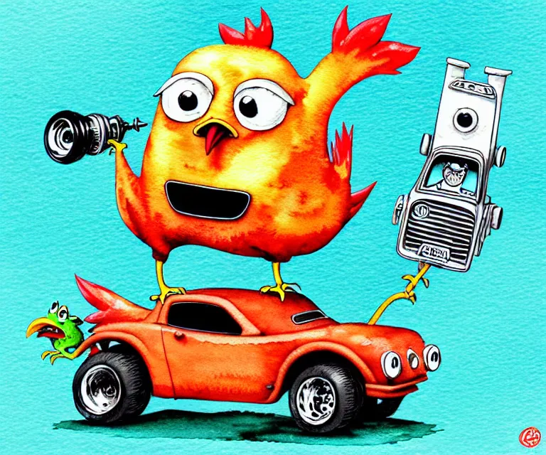 Image similar to cute and funny, chicken driving a tiny black hot rod with an oversized engine, ratfink style by ed roth, centered award winning watercolor pen illustration, isometric illustration by chihiro iwasaki, edited by craola, tiny details by artgerm and watercolor girl, symmetrically isometrically centered