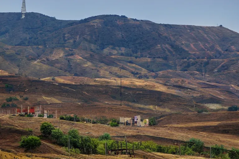 Image similar to looking down road of warehouses. hills background with radio tower on top. telephoto lens compression.