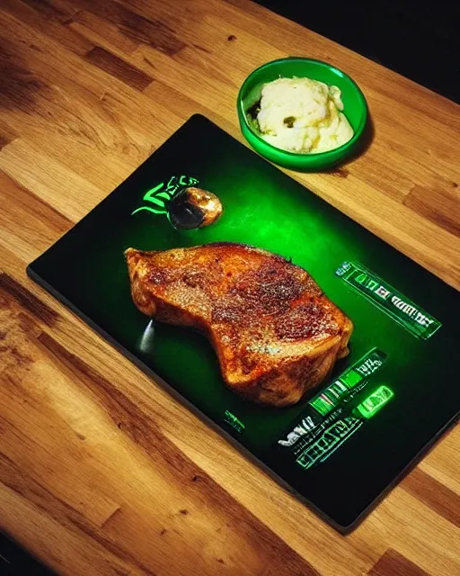 Image similar to green gamer LED porkchops and mashed potatos by razer, HD, trending on artstation, instagram post,