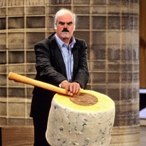 Prompt: john cleese argues with a giant wheel of cheese