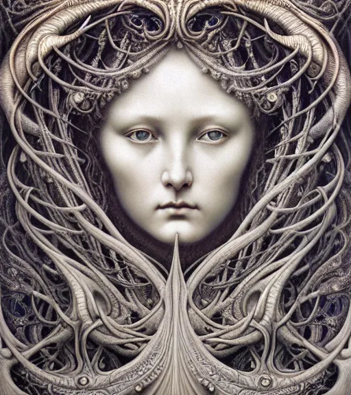 Image similar to detailed realistic porcelain beautiful moon goddess face portrait by jean delville, gustave dore, iris van herpen and marco mazzoni, art forms of nature by ernst haeckel, art nouveau, symbolist, visionary, gothic, neo - gothic, pre - raphaelite, fractal lace, intricate alien botanicals, ai biodiversity, surreality, hyperdetailed ultrasharp octane render