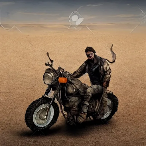 Image similar to Post Apocalyptic scavenger riding a motorcycle in a large desert