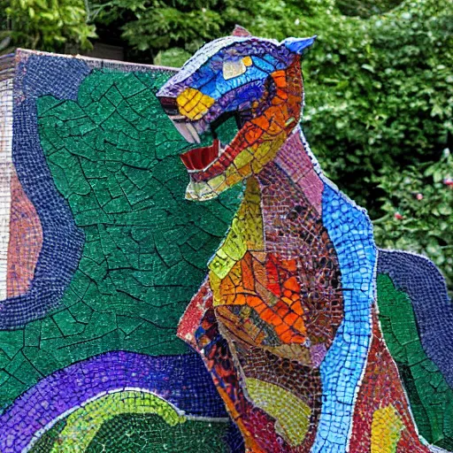 Image similar to garden containing very colorful textured variegated mosaic sculpture of a chimera, in the style of folk art