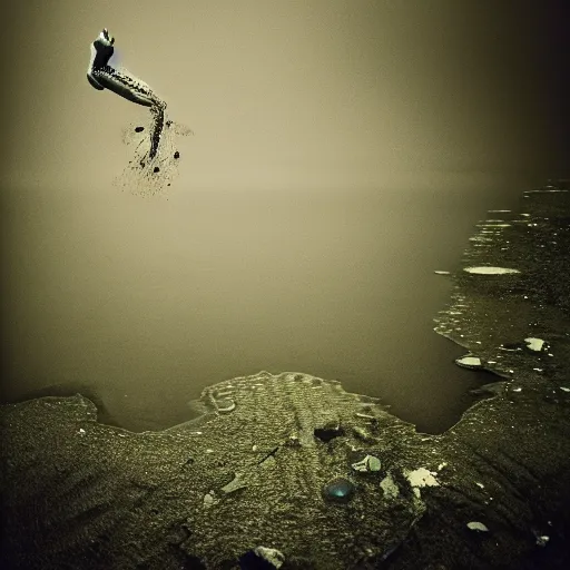 Image similar to semitranslucent smiling frog amphibian jumping over misty lake surface, cinematic shot by Andrei Tarkovsky, jump in composition of Leap into the Void by Yves Klein, paranormal, spiritual, mystical