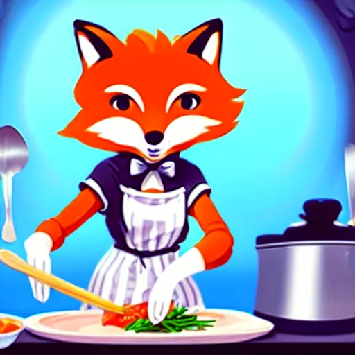 Image similar to a cute anthropomorphic fox girl maid preparing dinner in the kitchen. league of legends splash art