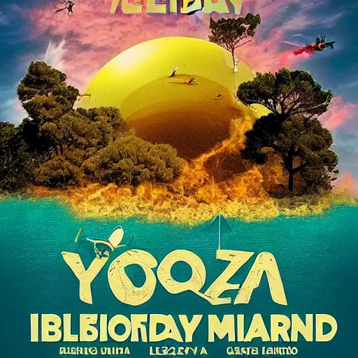 Image similar to a poster for a holiday in ibiza, the island is partially flooded due to global warming, a forest is burning, realistic, dystopian