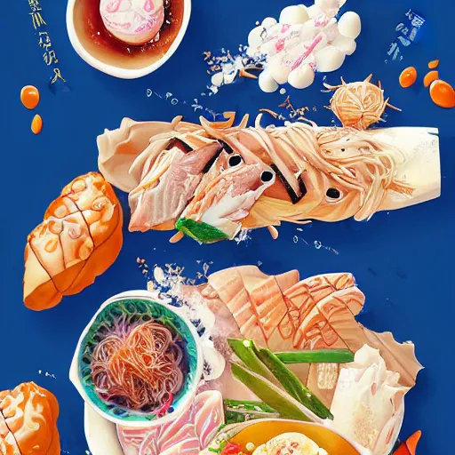 Prompt: artwork of a japanese delicious food, super detailed, rossdraws trending on artstation, anime style, anime wallpaper 4 k hd