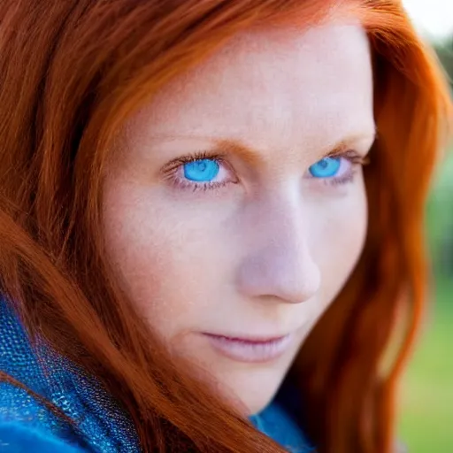 Image similar to close up photo of the left side of the face of a redhead woman with blue eyes who looks directly at the camera. Slightly open mouth, with a park visible in the background. 135mm nikon. Intricate. Very detailed 8k. Sharp. Cinematic post-processing.