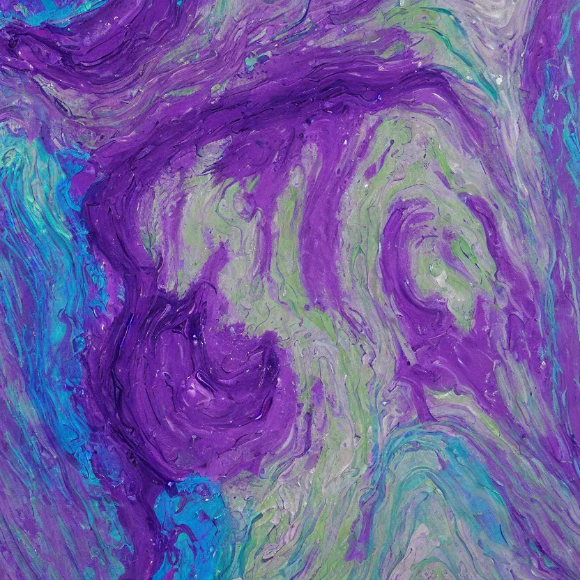 Image similar to abstract multiple layers of purple and blue shades paint dripping and running in a circular pattern in the rough form of a head, oil on canvas, detailed