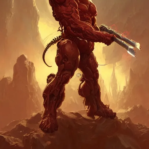 Image similar to doom eternal, mutant, tubes fused with the body, front view, painted by stanley lau, painted by greg rutkowski, painted by stanley, artgerm, masterpiece, digital art, trending on arts