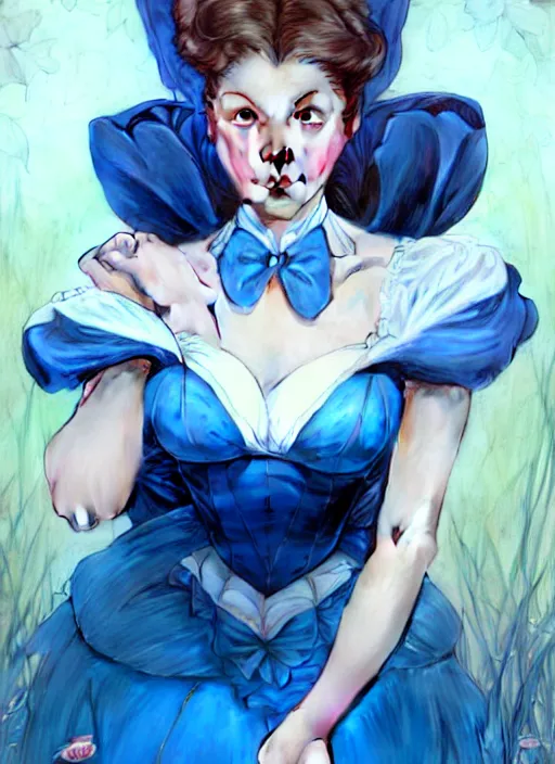 Image similar to concept art by artgerm, portrait of pinup giant disney alice in wonderland in blue dress, soft natural light, intricate, elegant, highly detailed, my rendition, digital painting, artstation, concept art, smooth, sharp focus, illustration, art by greg rutkowski and alphonse mucha and uang guangjian and gil elvgren, symmetry!!