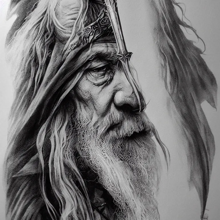 Image similar to lord of the rings black and white tattoo of gandalf by greg rutkowski