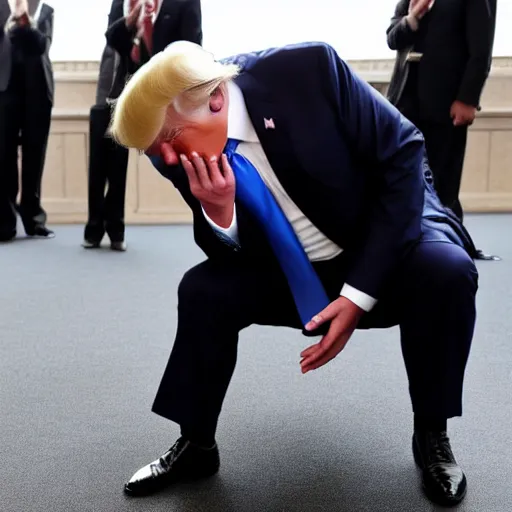 Prompt: Donald Trump crying because he dropped his mobile phone on the floor. YOU CAN SEE HIS PHONE ON THE FLOOR.
