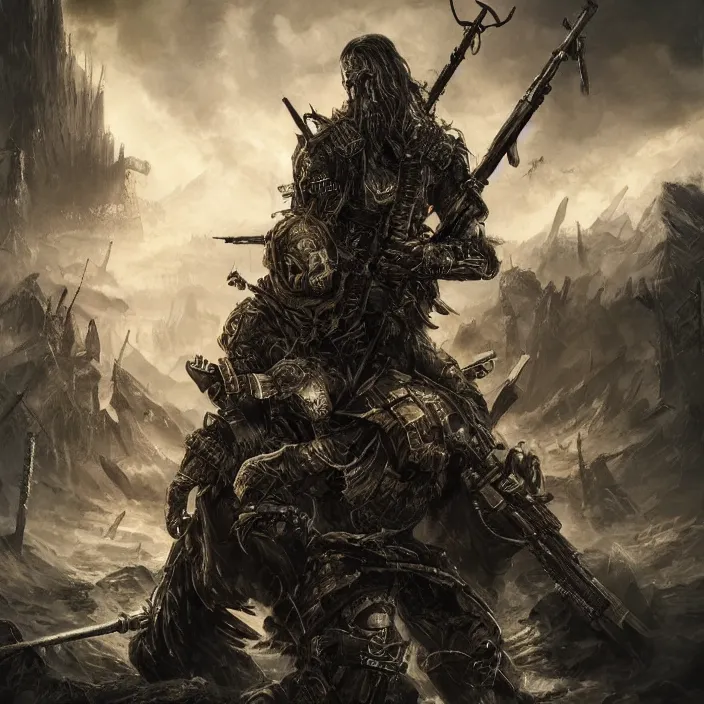 Prompt: apocalyptic man surrounded by weaponry, hyper - detailed, smooth, sharp focus, 4 k ultra hd, fantasy dark art, apocalyptic art