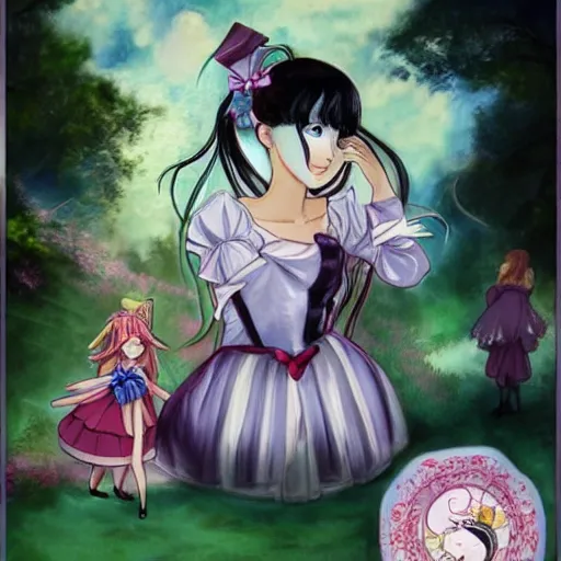 Image similar to Alice in wonderland in the style of shojo manga, Sailor moon, John Singer Sargent, mysterious atmosphere, tea party